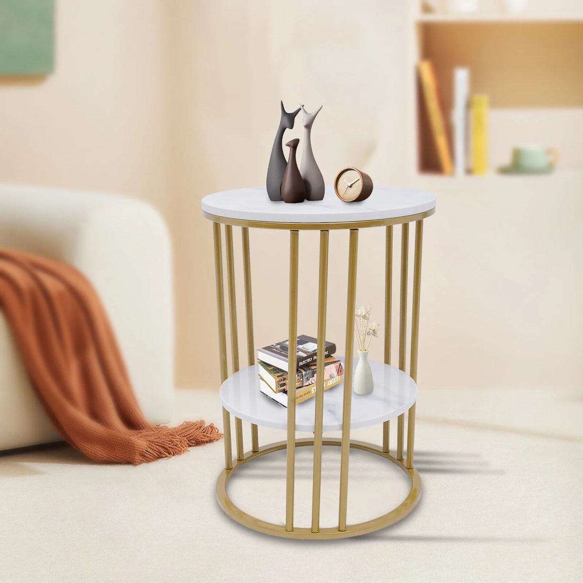 Round Marble 2 Tier Gold Metal Accent Table Y514512