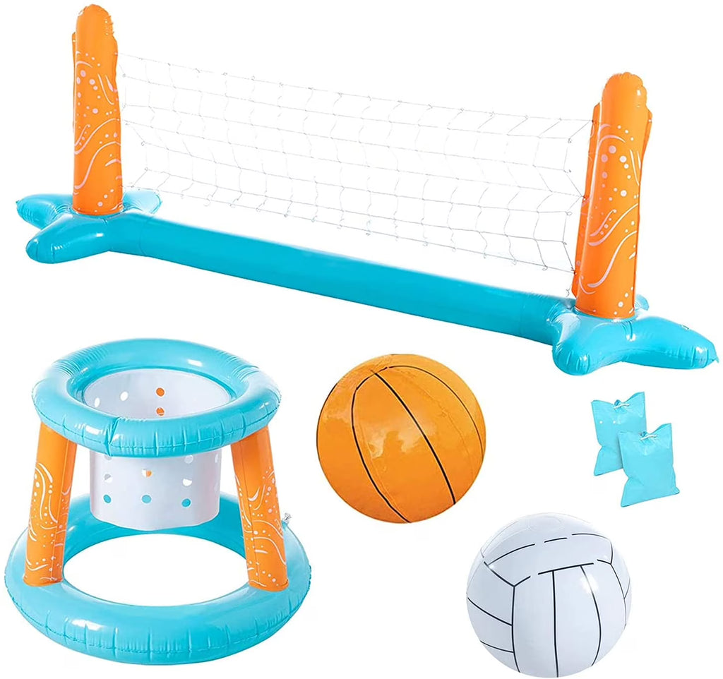 Inflatable Pool Basketball Hoop and Volleyball Set with Pool Net, Weight Bags, Light Blue H7306