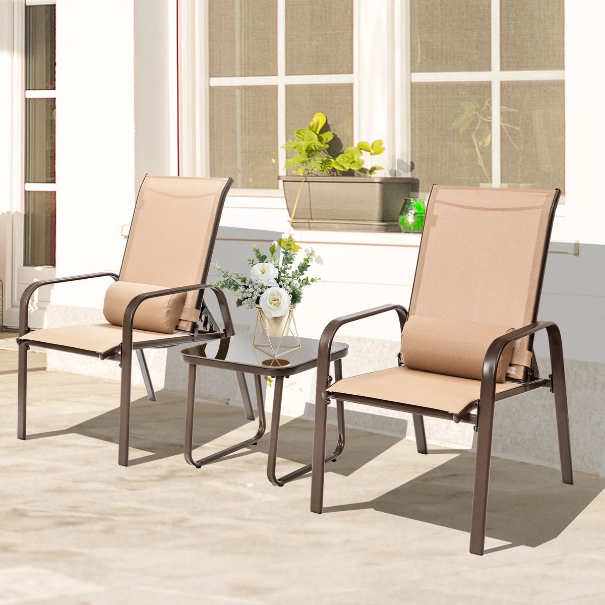 3PCS Adjustable Back Stackable Chairs Side Table Set Black Y49193