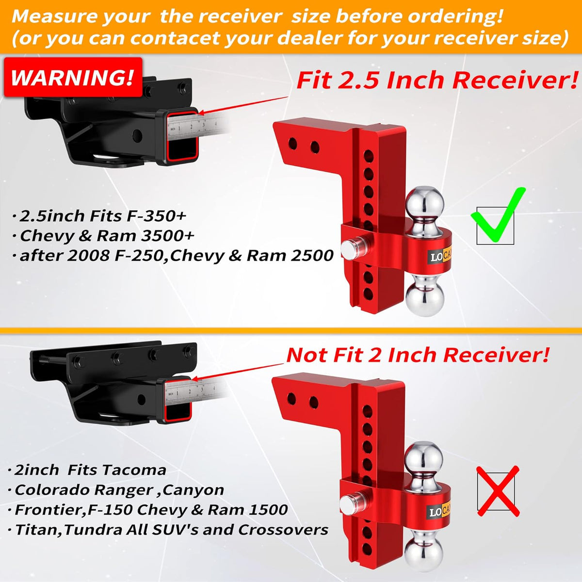 Adjustable Aluminum Trailer Hitch, Fits 2.5-Inch Receiver, 8-Inch Drop/Rise, 18,500 LBS GTW, Red E399