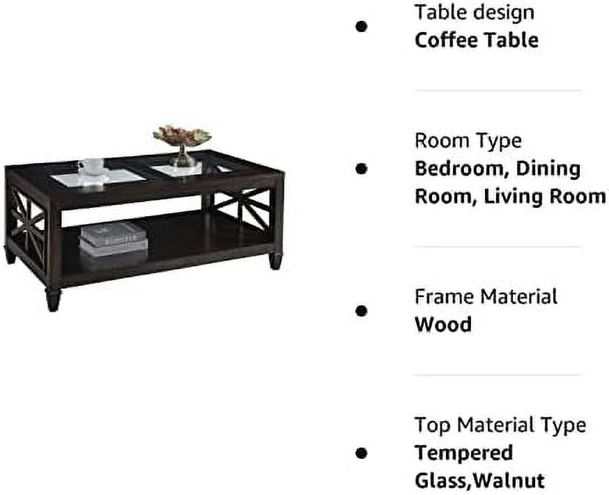 Solid Wood Coffee Table with Tempered Glass Top S67837