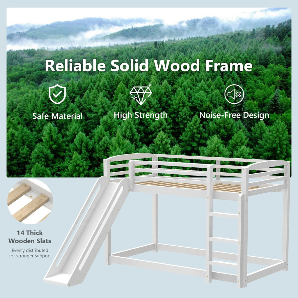 Twin over Twin White Wood Bunk Bed with Slide and Ladder U2214