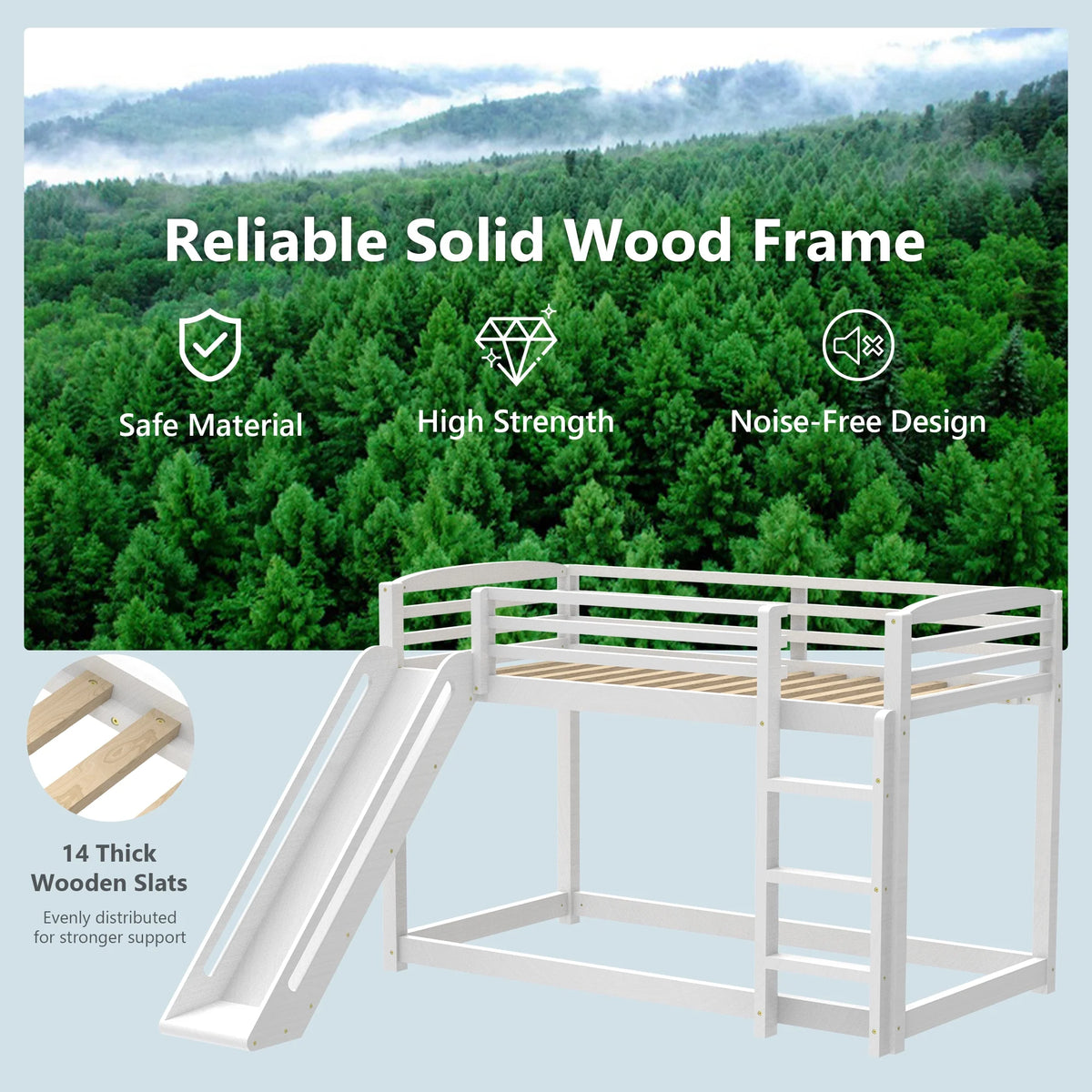 Twin over Twin White Wood Bunk Bed with Slide and Ladder U2214
