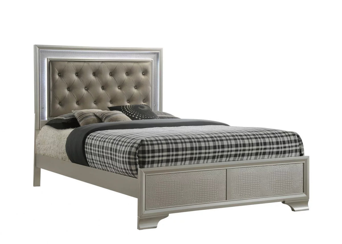 Champagne 3pc Full Size LED Bed and Storage Nightstand Wooden Bedroom Furniture Set V60603