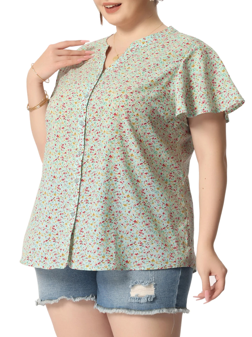 Plus Size Button Down Flare Short Sleeve Chiffon Blouse E414