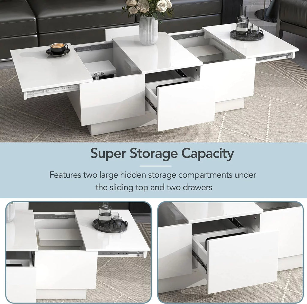 Extendable Coffee Table with 2 Drawers and Sliding Top, 39.3" White A108