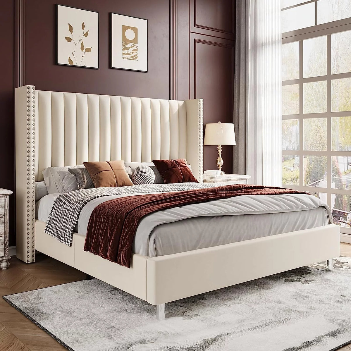 Queen Upholstered Wingback Bed Frame T287658