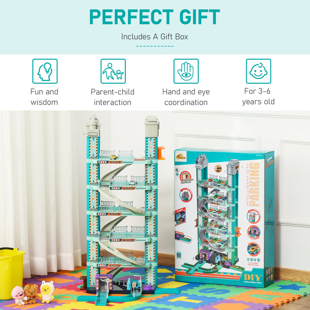 City Garage Playset with 98 Pieces Accessories Set, 6-Level Car Parking Playsets Toy with Manual and Electric Elevators Wash, Gas, Ejector & Car Repair Station S29705
