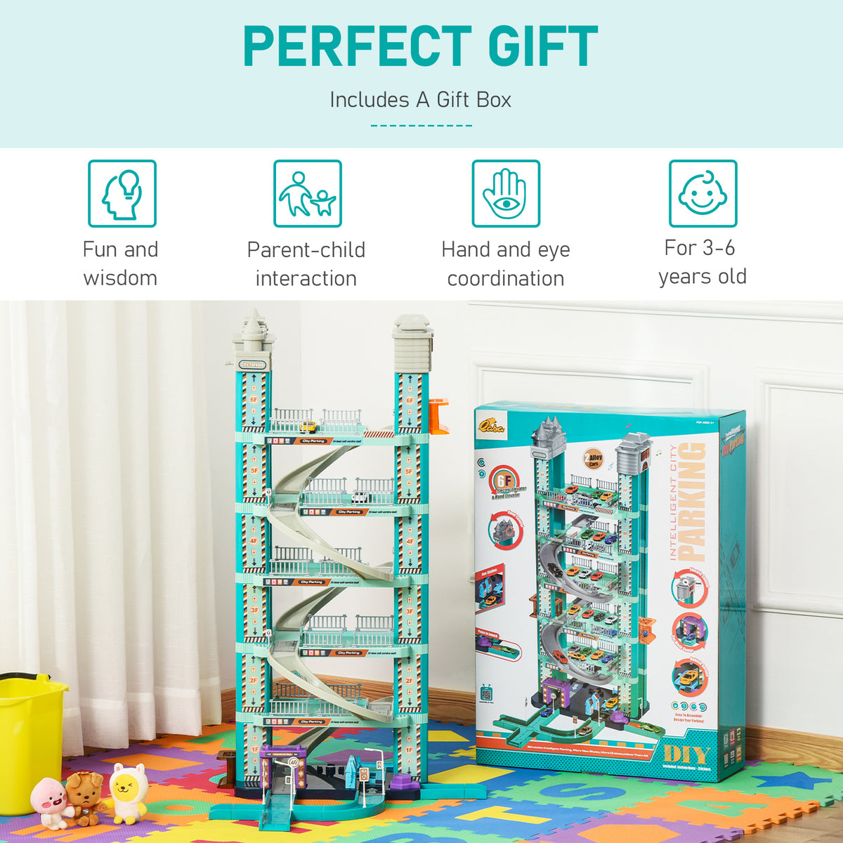 City Garage Playset with 98 Pieces Accessories Set, 6-Level Car Parking Playsets Toy with Manual and Electric Elevators Wash, Gas, Ejector & Car Repair Station S29705