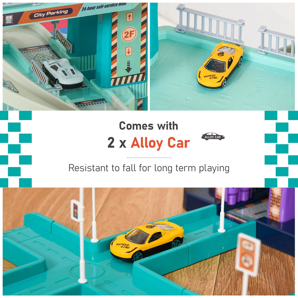 City Garage Playset with 98 Pieces Accessories Set, 6-Level Car Parking Playsets Toy with Manual and Electric Elevators Wash, Gas, Ejector & Car Repair Station S29705