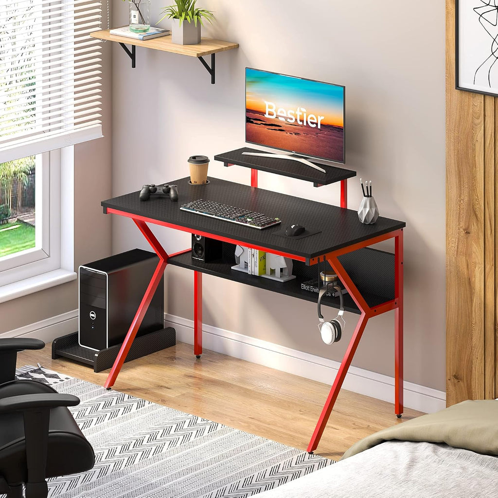 44 K-Shaped Gaming Desk with Led Light CPU Stand Carbon Fiber RGB Computer Desk with Bookshelf Black/Red S63206