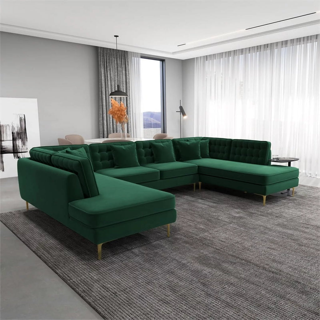 Green Velvet U-Shaped Sectional Couch A376