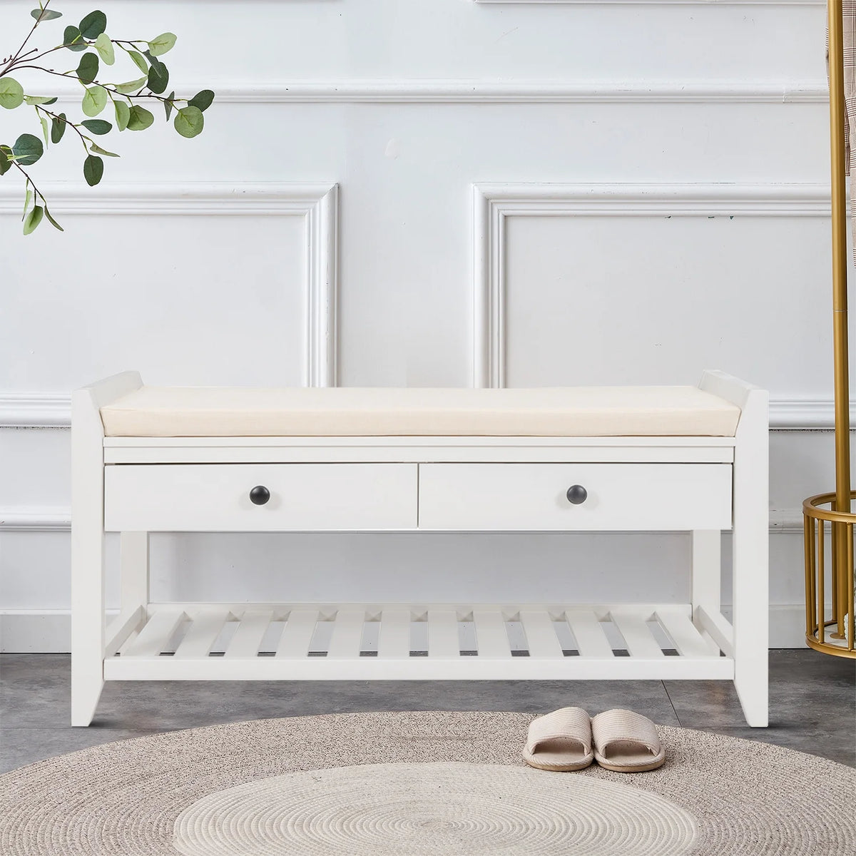Wood Storage Bench with Cushion and 2 Drawers W51916