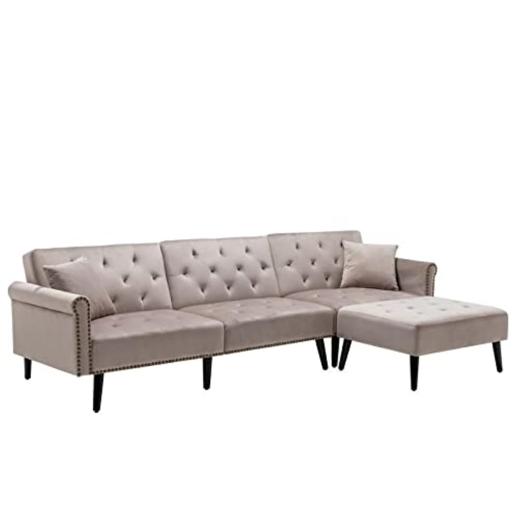 Silver Gray Velvet Sofa Bed with Ottoman and 2 Accent Pillows J504965