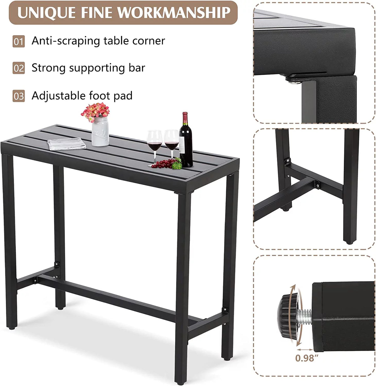 Black 40" Rectangle Outdoor Iron Bar Table I4401