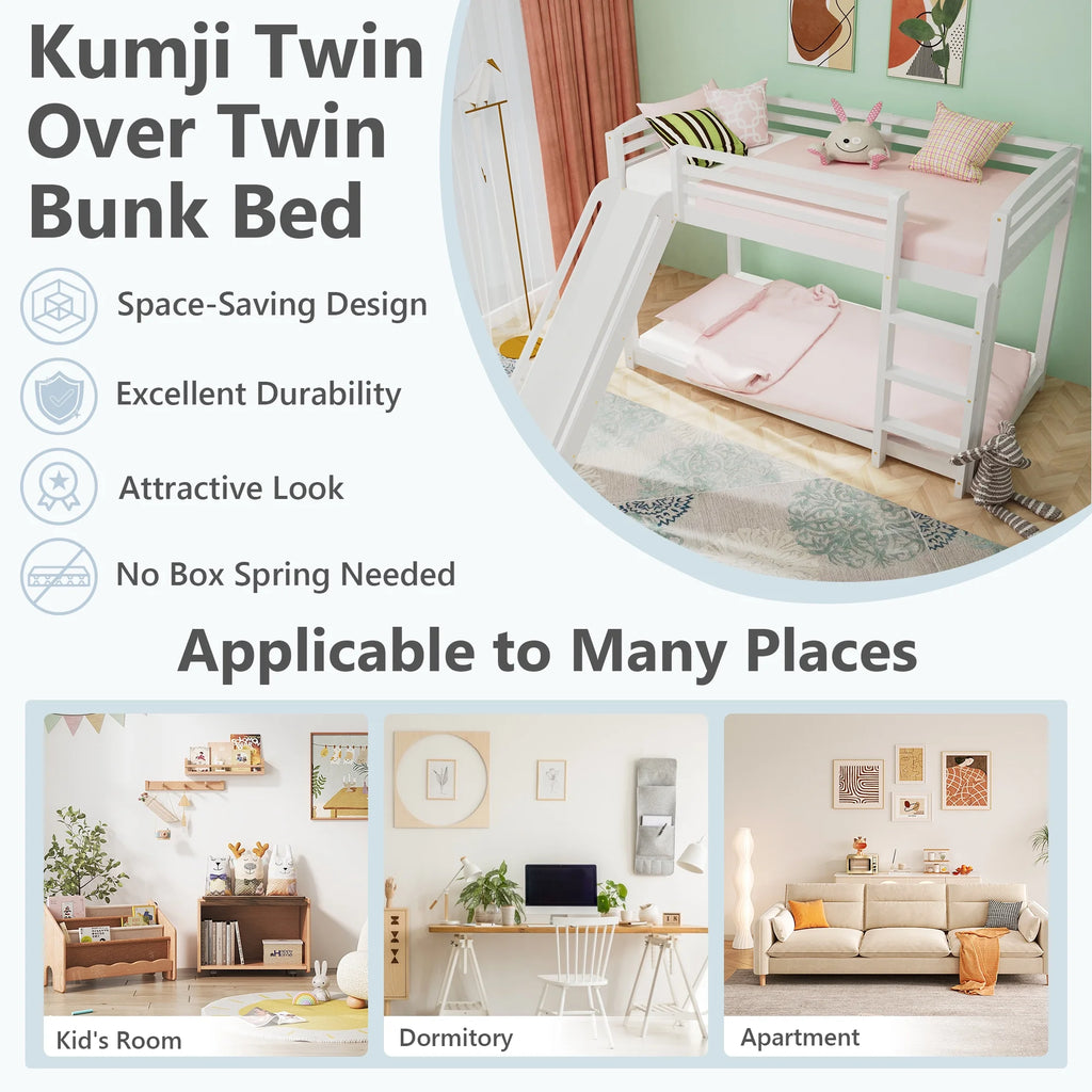 Twin over Twin White Wood Bunk Bed with Slide and Ladder U2214