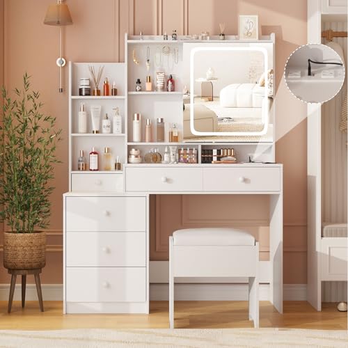 White Vanity Set with Stool and 6 Drawers Y579