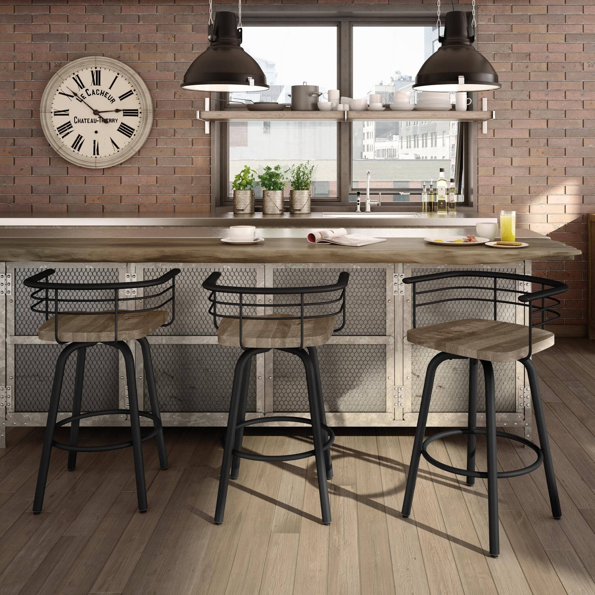 Swivel Metal Counter Stool with Distressed Wood Seat X746
