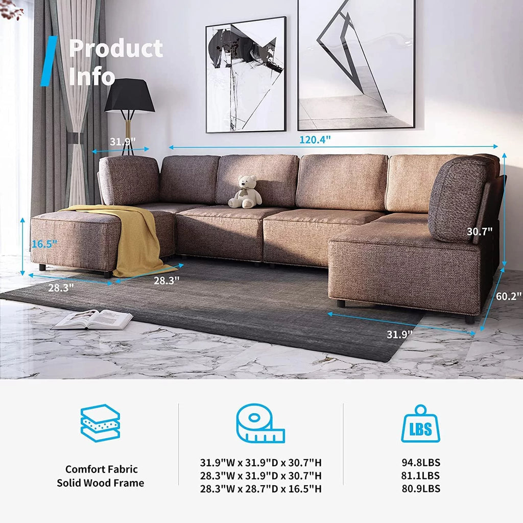 120"W Brown Linen Fabric Sectional Sofa A147962