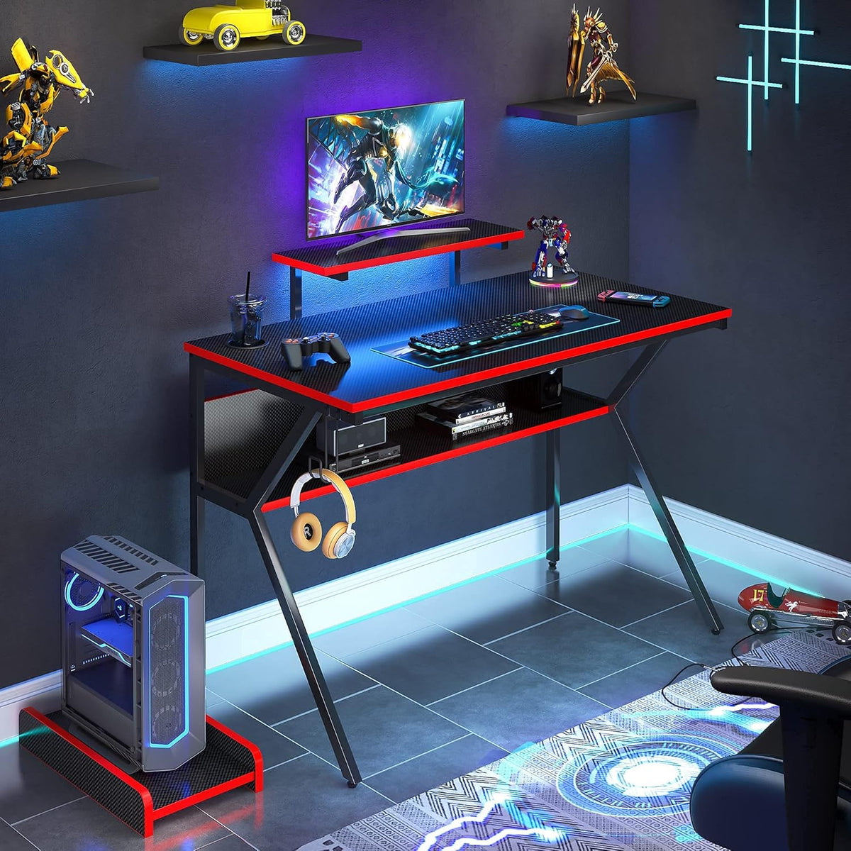 44 K-Shaped Gaming Desk with Led Light CPU Stand Carbon Fiber RGB Computer Desk with Bookshelf Black/Red S63206