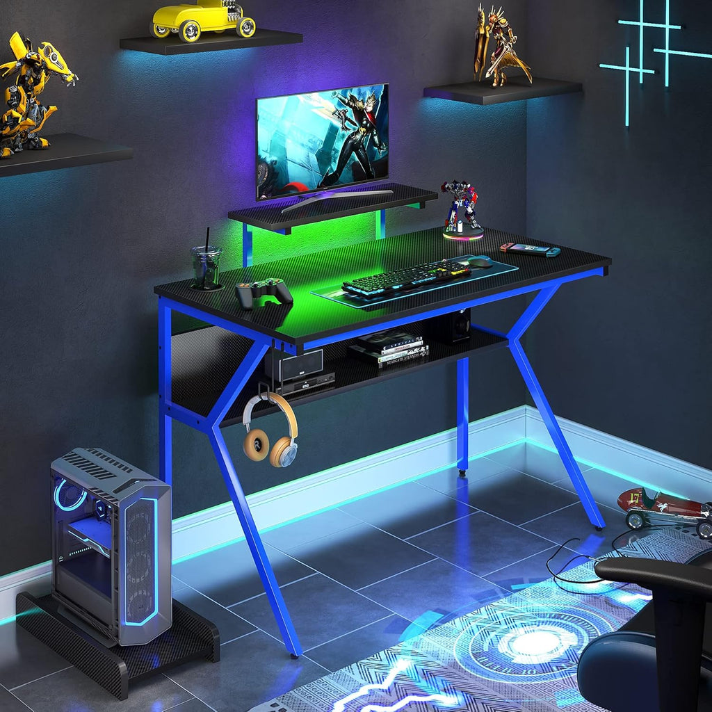44 K-Shaped Gaming Desk with Led Light CPU Stand Carbon Fiber RGB Computer Desk with Bookshelf Black/Red S63206