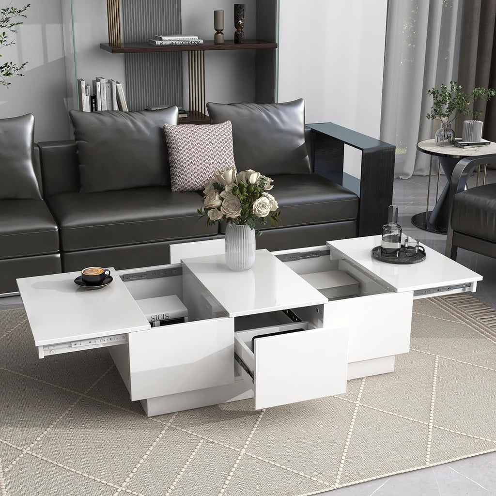Extendable Coffee Table with 2 Drawers and Sliding Top, 39.3" White A108