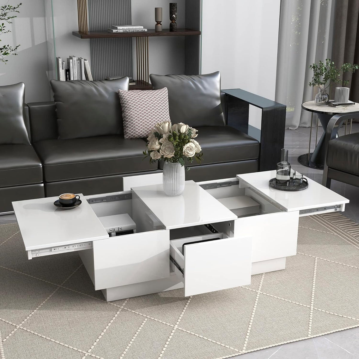 Extendable Coffee Table with 2 Drawers and Sliding Top, 39.3" White A108