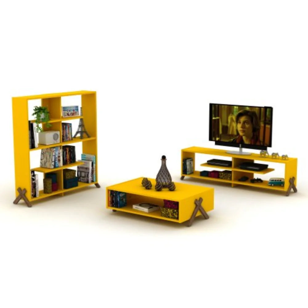 Walnut Yellow Rectangular Wooden Coffee Table with Shelving X977