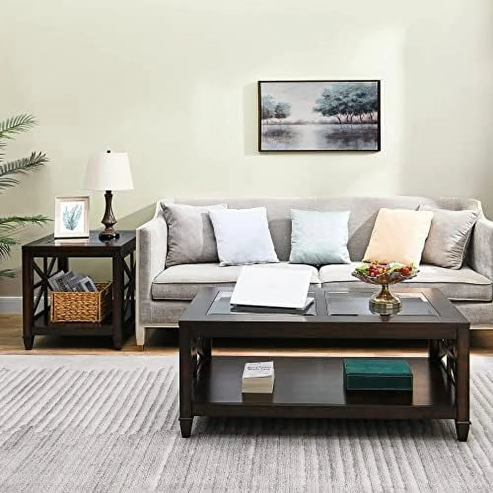 Solid Wood Coffee Table with Tempered Glass Top S67837