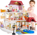 Dollhouse with 4 Doll Toy Figures, Pool Slide, Elevator, Furniture and Lights D403294