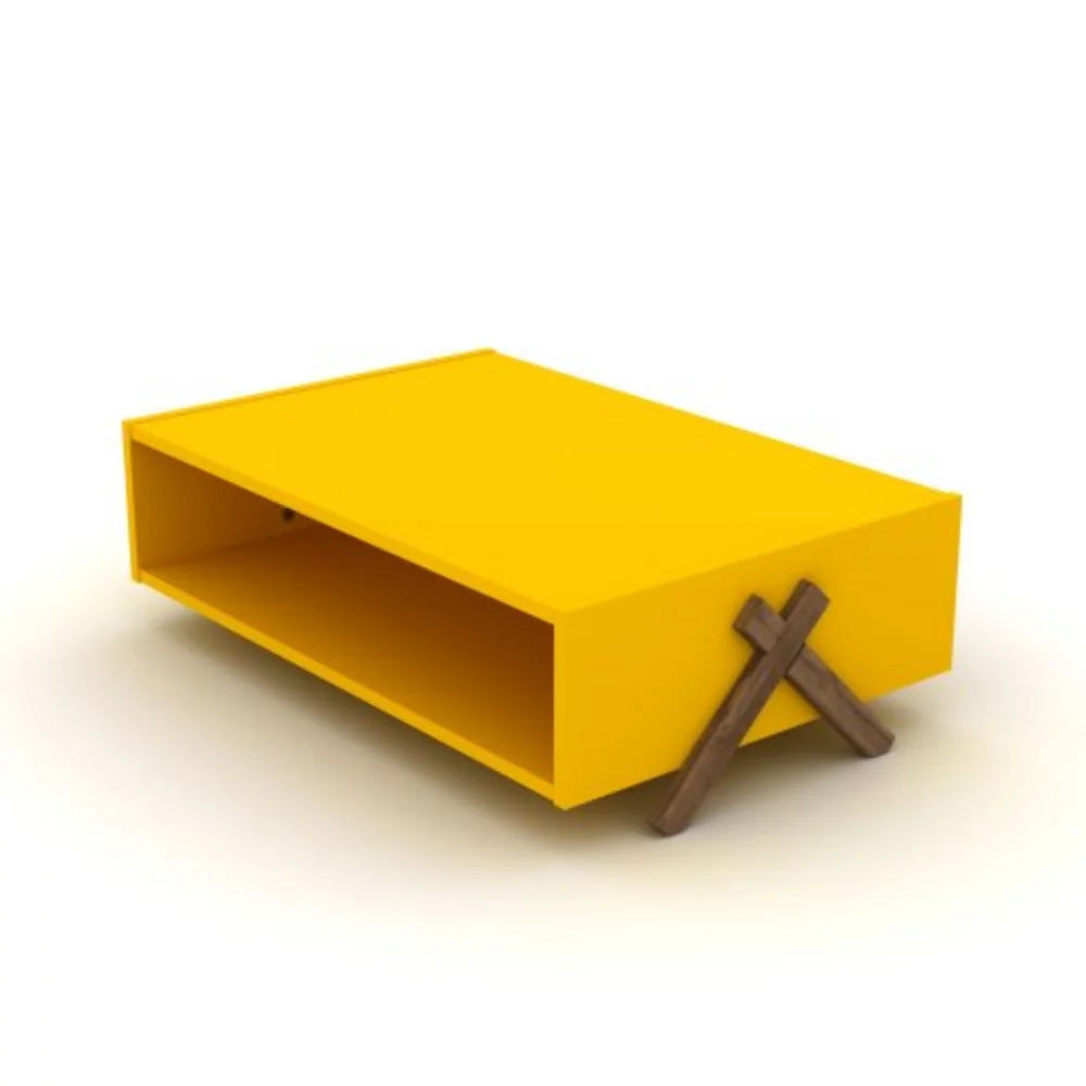 Walnut Yellow Rectangular Wooden Coffee Table with Shelving X977