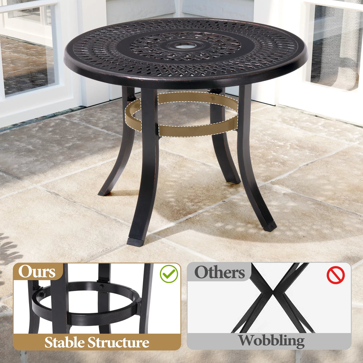 Cast Aluminum Round Patio Side Table with Umbrella Hole Black G28439