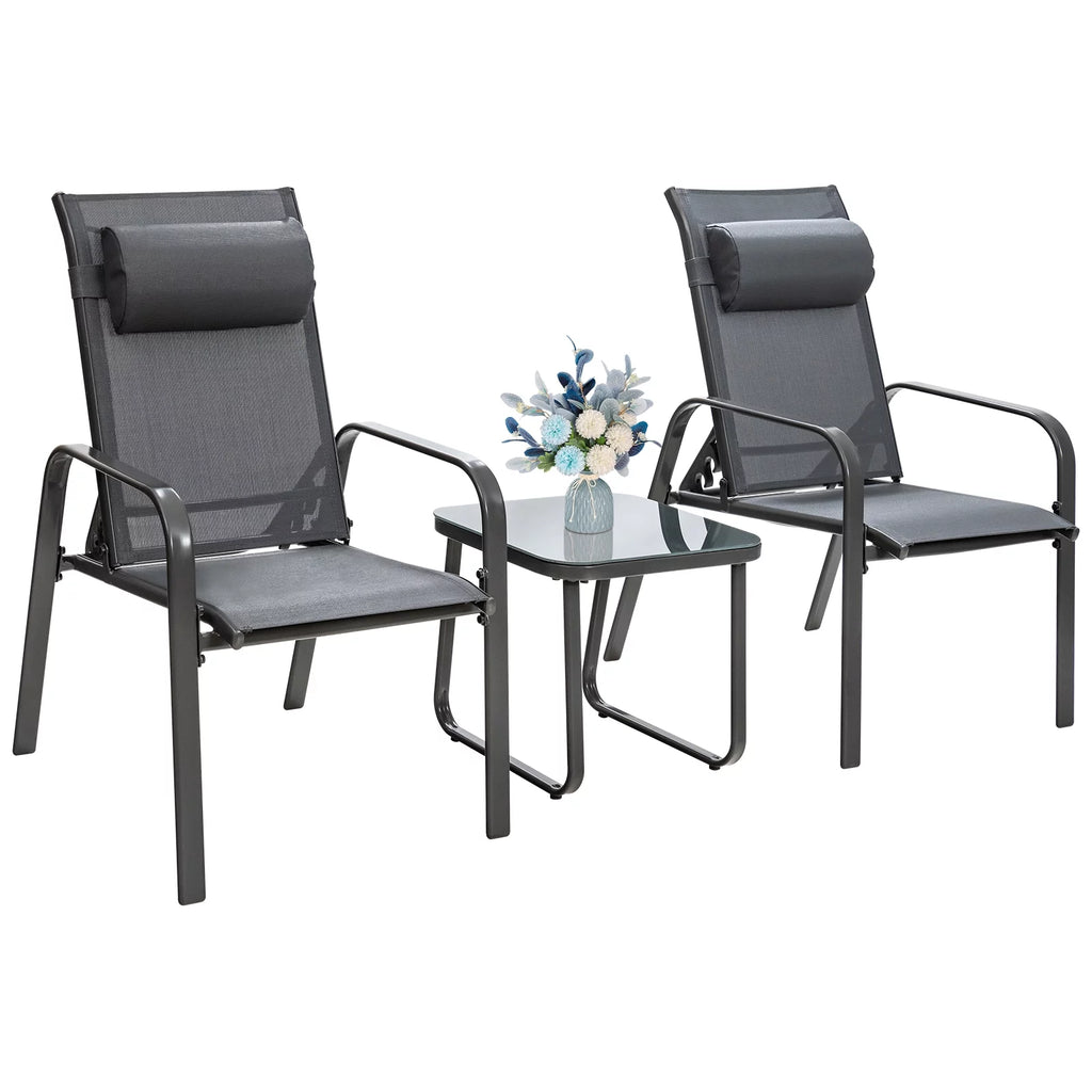 3PCS Adjustable Back Stackable Chairs Side Table Set Black Y49193