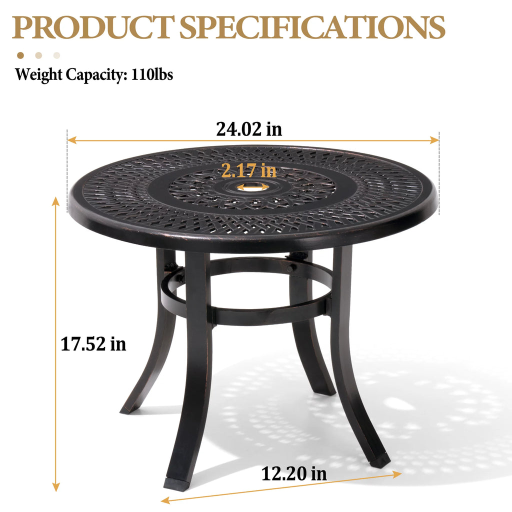 Cast Aluminum Round Patio Side Table with Umbrella Hole Black G28439