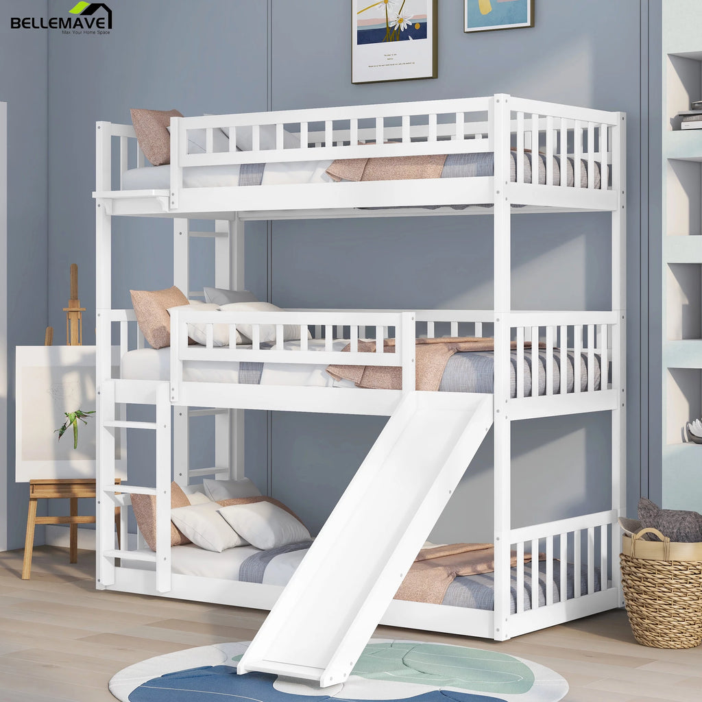 White Wood Triple Bunk Bed with Slide and Ladder C2161