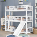 White Wood Triple Bunk Bed with Slide and Ladder C2161
