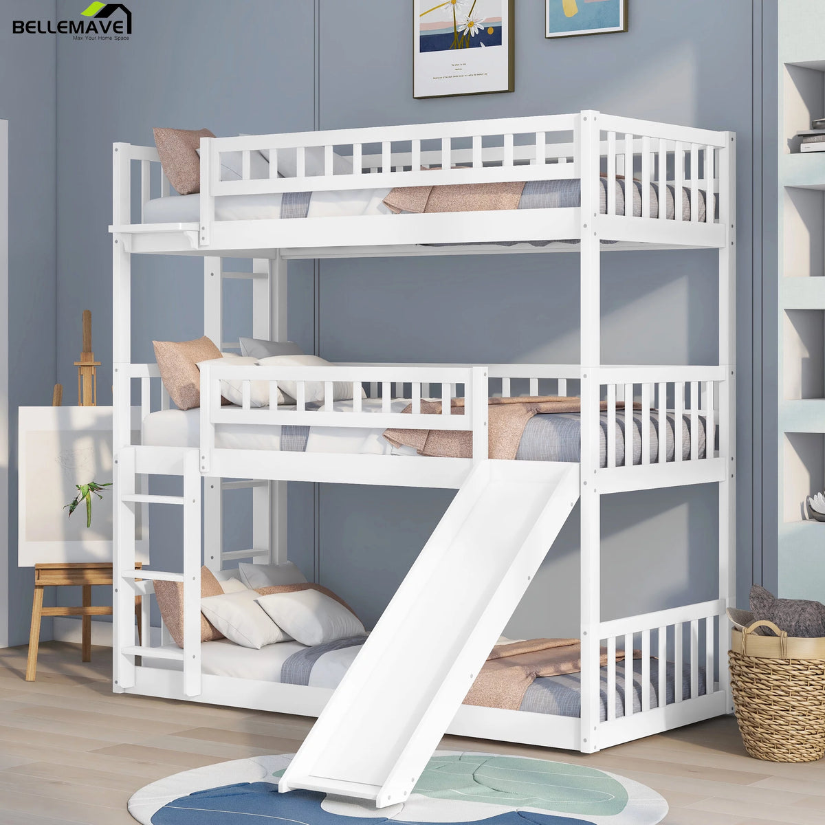 White Wood Triple Bunk Bed with Slide and Ladder C2161