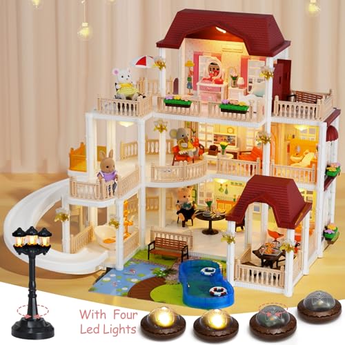 Dollhouse with 4 Doll Toy Figures, Pool Slide, Elevator, Furniture and Lights D403294
