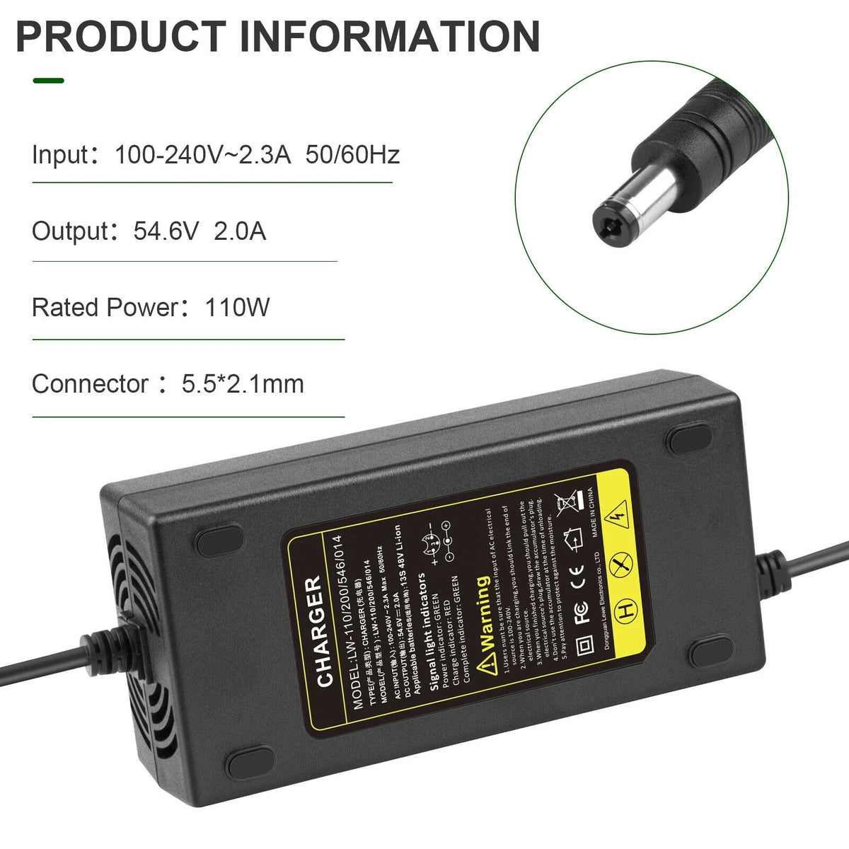 54.6V 2A E-bike Charger for 48V Li-ion Battery 5.5x2.1/2.5mm Tip S2246