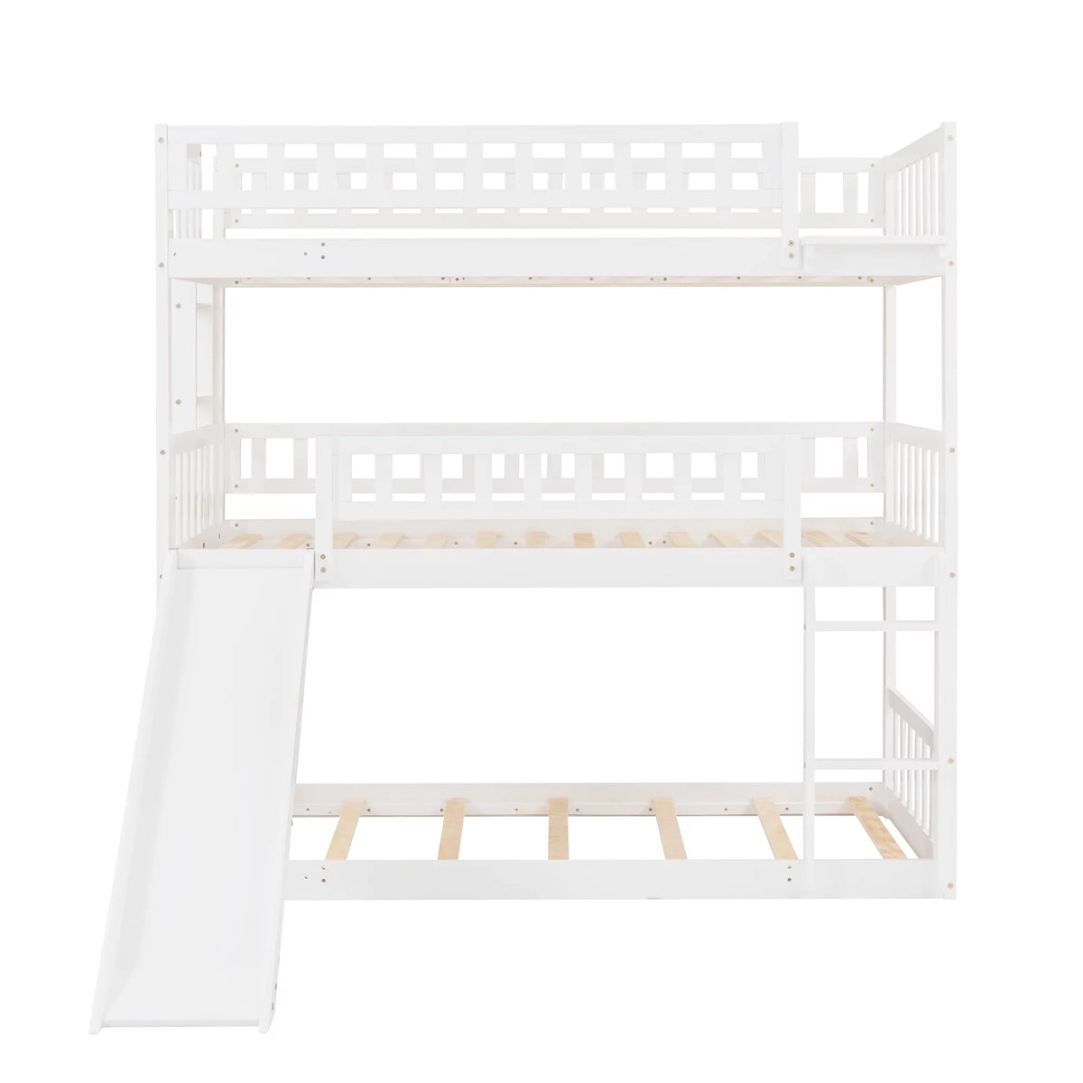White Wood Triple Bunk Bed with Slide and Ladder C2161