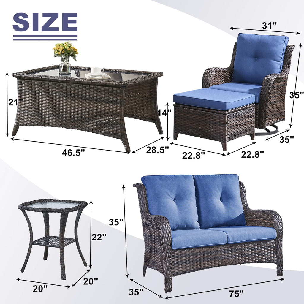 Blue 7Pcs Outdoor Rattan Patio Furniture Set with Cushion R857