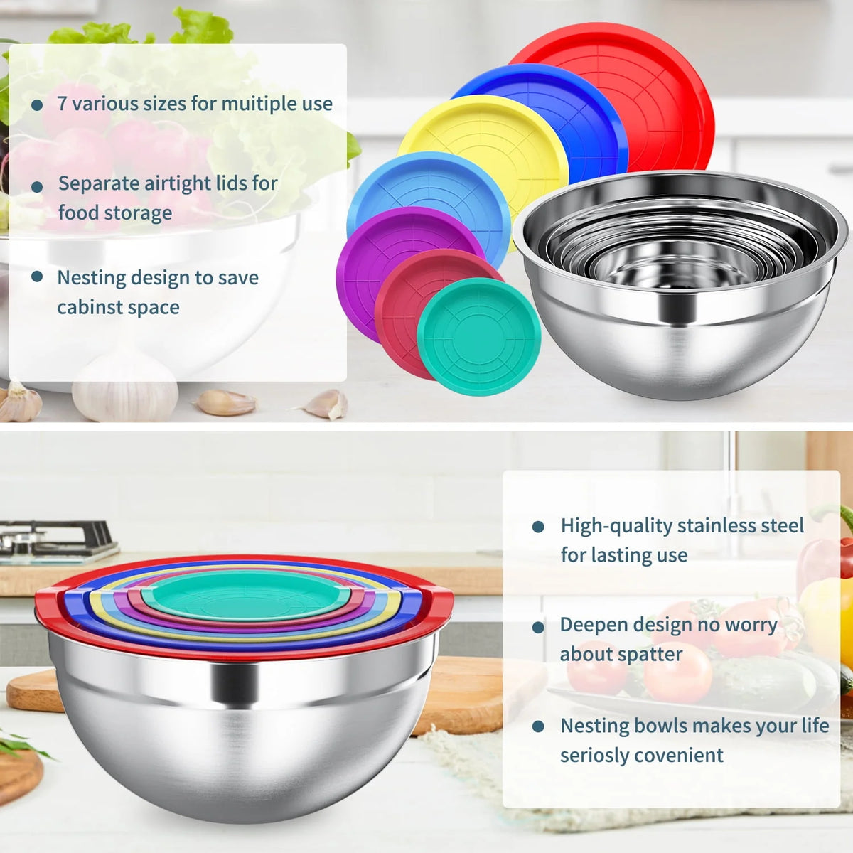 Stainless Steel Mixing Bowls Set with Lids 7 Pc Z406035