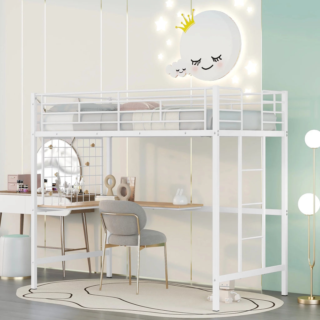 White Twin Metal Loft Bed with Desk, Ladder and Guardrail P976769