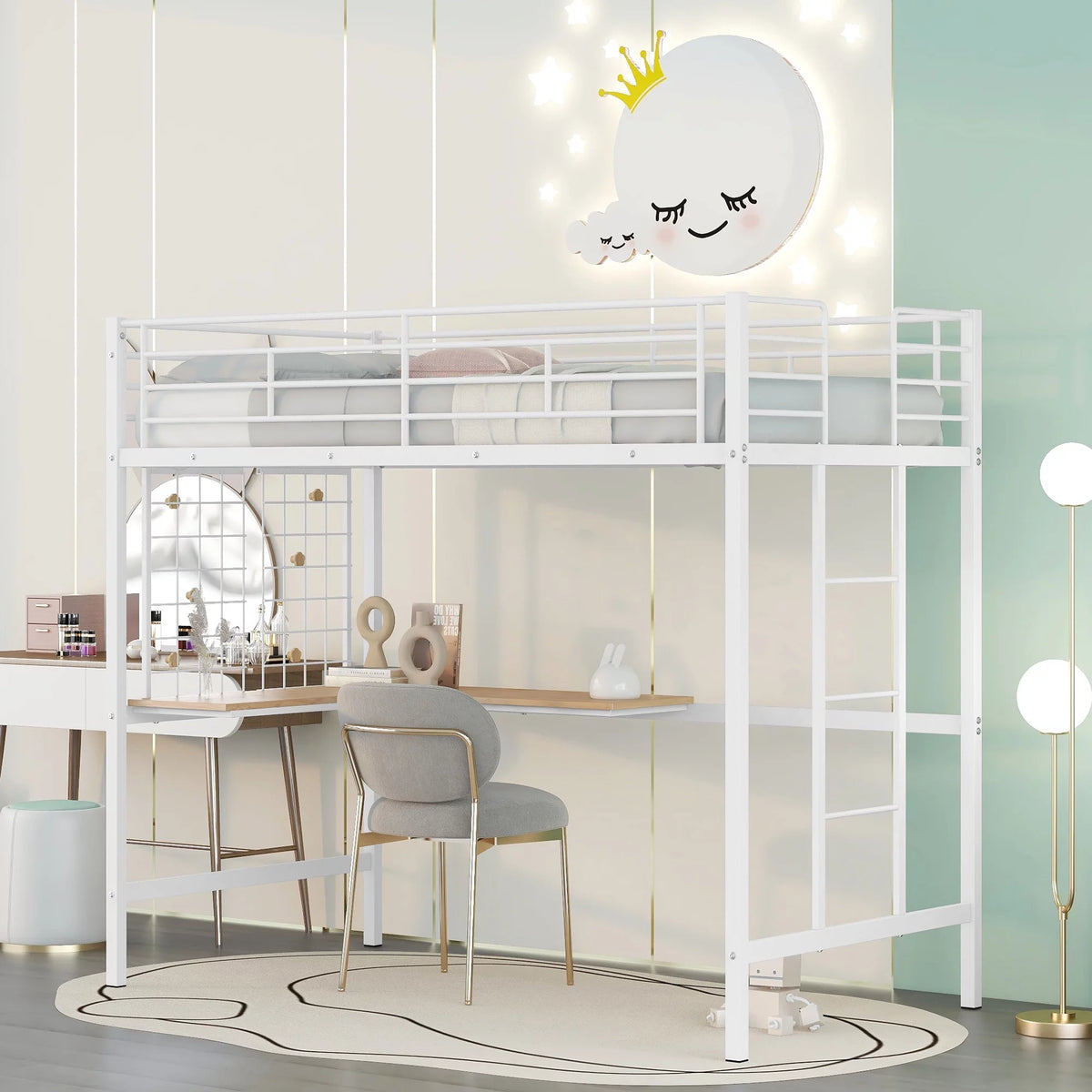 White Twin Metal Loft Bed with Desk, Ladder and Guardrail P976769