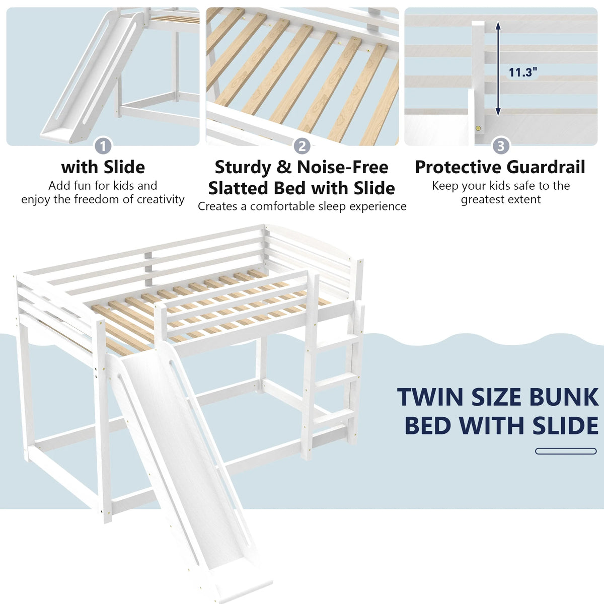 Twin over Twin White Wood Bunk Bed with Slide and Ladder U2214