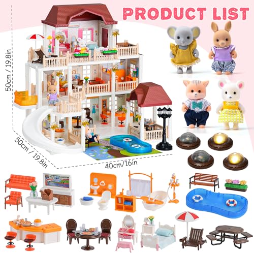 Dollhouse with 4 Doll Toy Figures, Pool Slide, Elevator, Furniture and Lights D403294