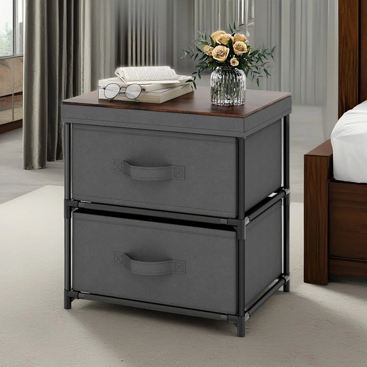 Grey Rustic Brown 2 Drawer Nightstand U9926