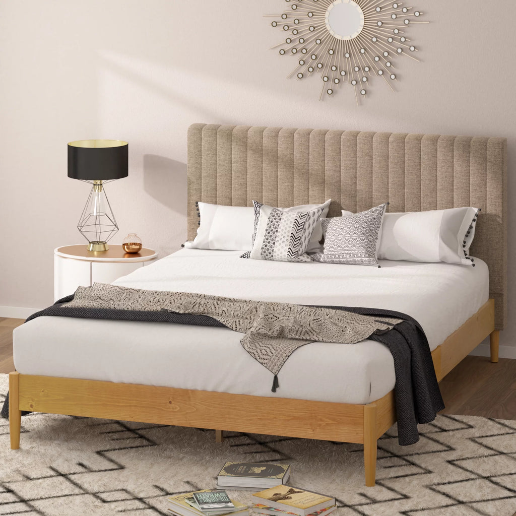 Queen Wood Platform Bed Frame with Upholstered Headboard Z9606