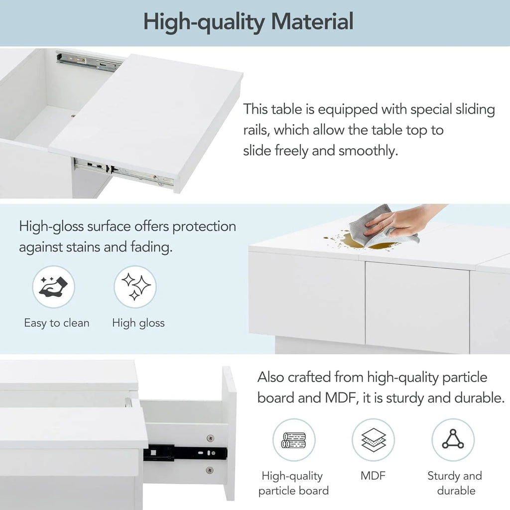 Extendable Coffee Table with 2 Drawers and Sliding Top, 39.3" White A108
