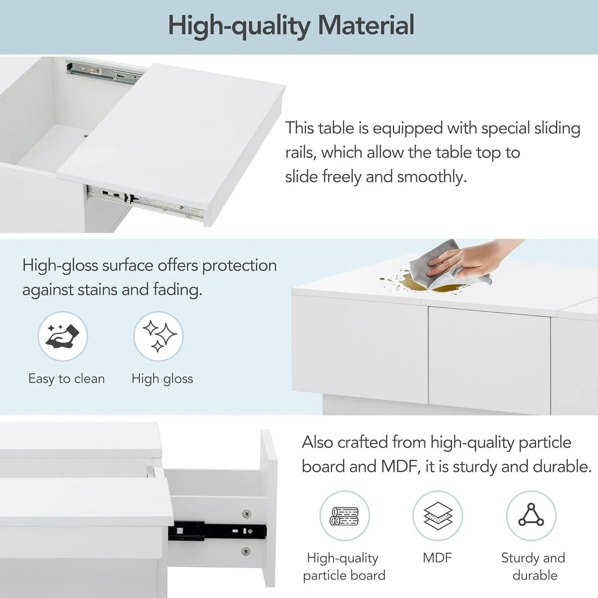 Extendable Coffee Table with 2 Drawers and Sliding Top, 39.3" White A108